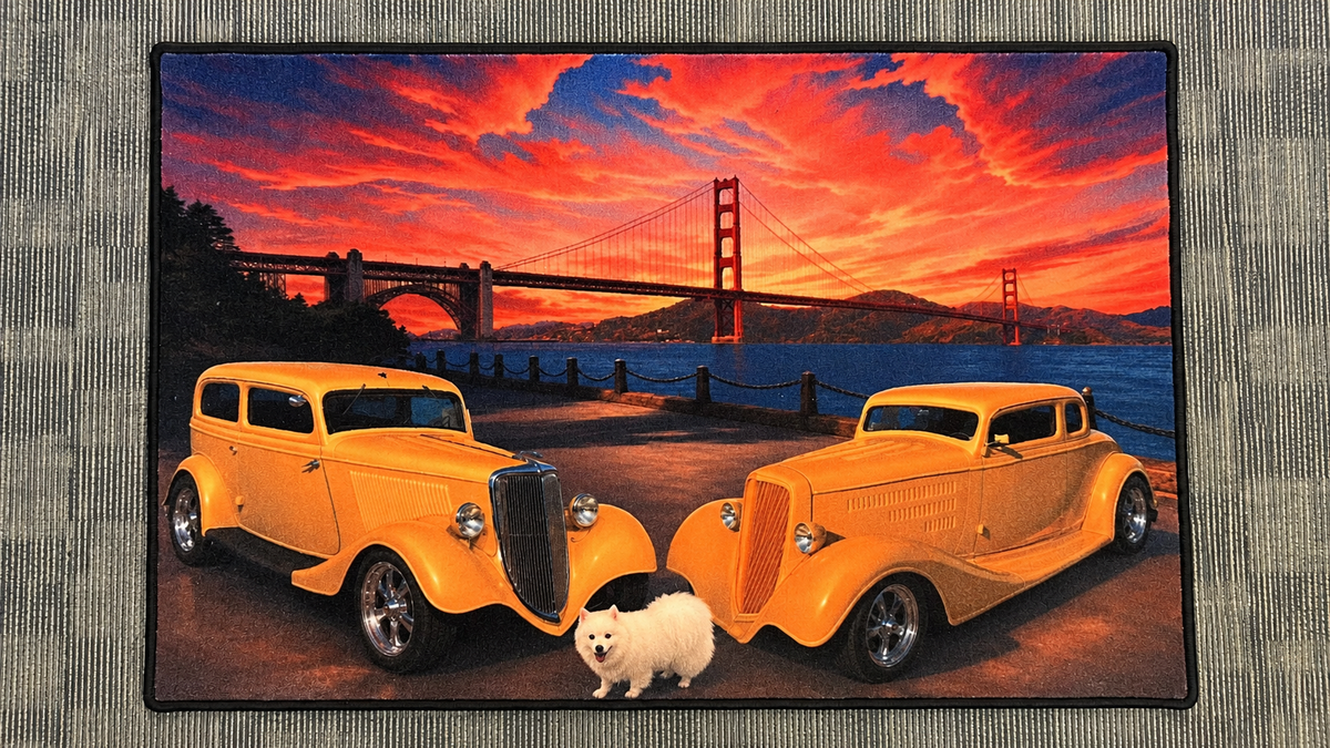 Rectangular custom rug depicting two hot rods and a white dog beside a suspension bridge at sunset.